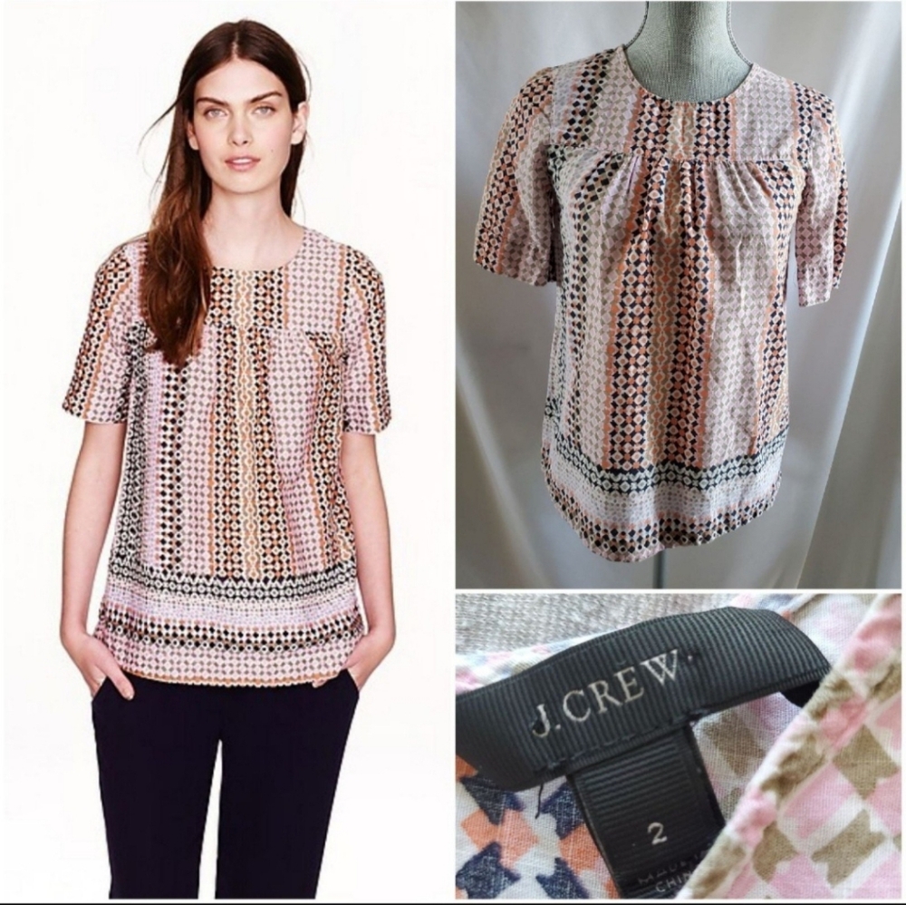 ⭐4/$20 J‎ Crew Pink Geo babydoll Top Size 2